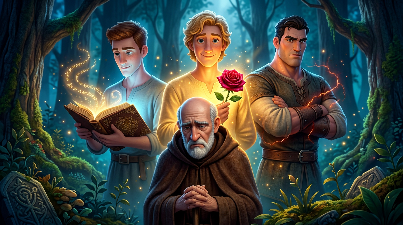 Tres aventureros en un bosque resplandeciente, con un hombre mayor al frente y otro sosteniendo un libro abierto.