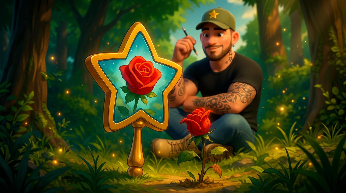 Un hombre se arrodilla en un bosque resplandeciente junto a un letrero de estrella dorada con un emblema de una rosa roja.