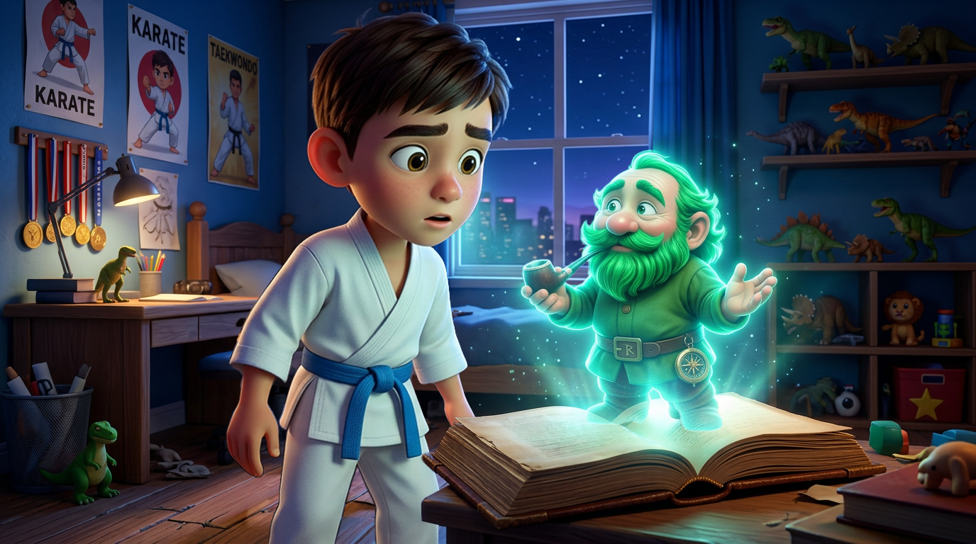 Un niño y un fantasma verde brillante leen un libro mágico en una acogedora habitación por la noche.