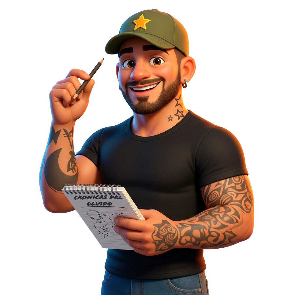 Un personaje de dibujos animados con gorra sostiene un bolígrafo y un bloc de notas, sonriendo y dejando ver sus tatuajes.