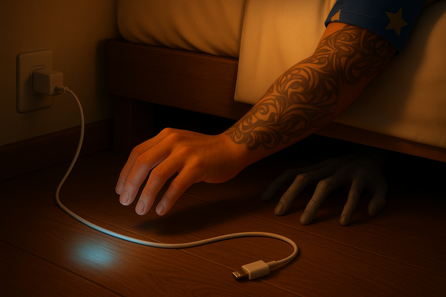 Un brazo tatuado se extiende hacia el cargador de teléfono brillante que está en el suelo junto a la cama.