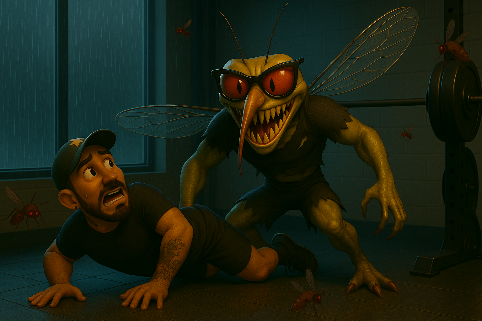 Un hombre tendido en el suelo luce aterrorizado mientras un insecto gigante con ojos brillantes se cierne sobre él en una habitación oscura.