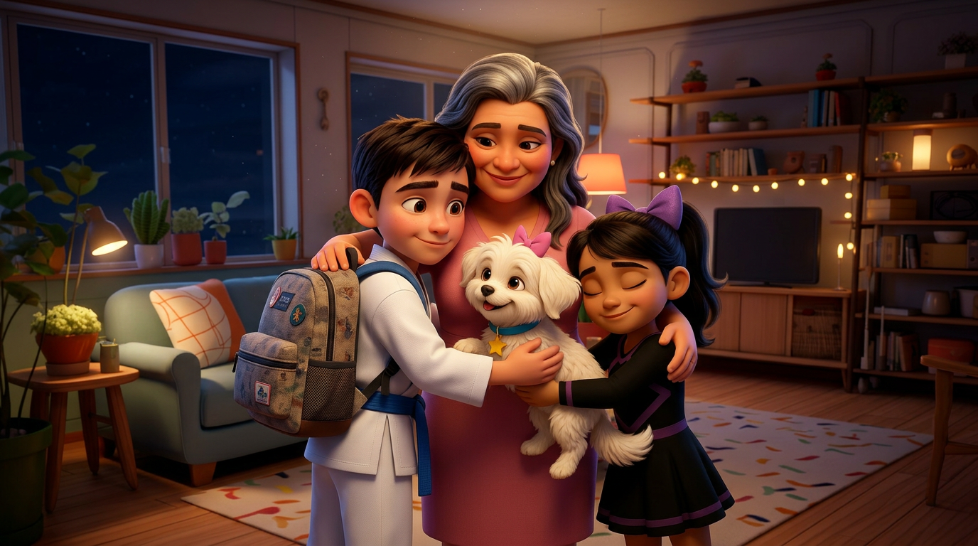 Familia sonriente abraza a un cachorro blanco y esponjoso en una acogedora sala de estar con luces cálidas y plantas.