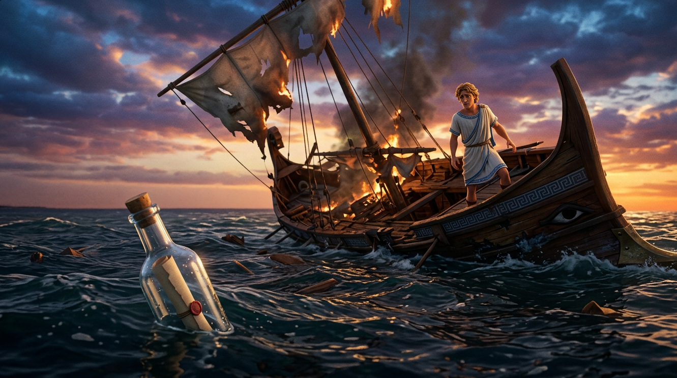 Un pequeño barco en un mar tempestuoso al atardecer, con una persona a bordo y una botella flotando cerca.