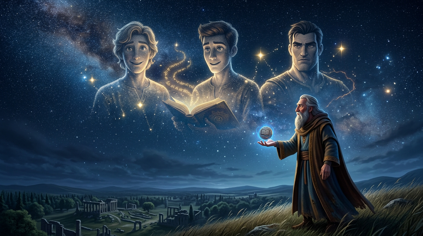 Tres rostros resplandecientes en un cielo estrellado sobre un mago encapuchado que contempla un valle fantástico por la noche.