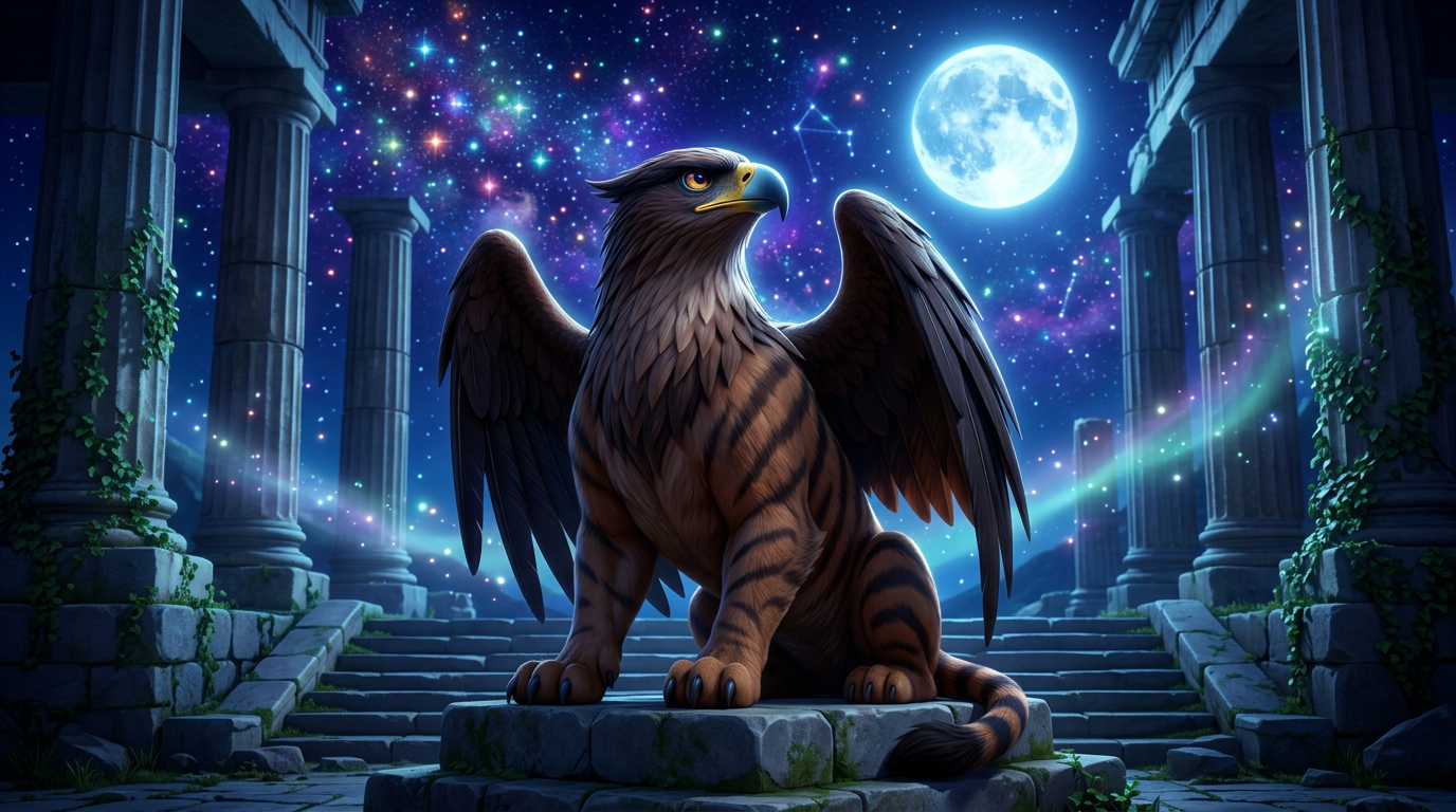 Un león marrón alado se sienta sobre una plataforma de piedra bajo una luna resplandeciente en una ruina azul mística.