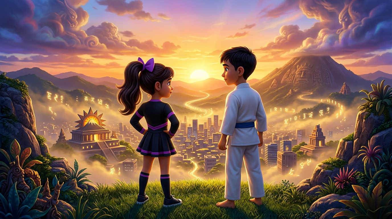 Dos niños se encuentran en una colina al atardecer, contemplando un valle de ensueño resplandeciente y un paisaje de templos.
