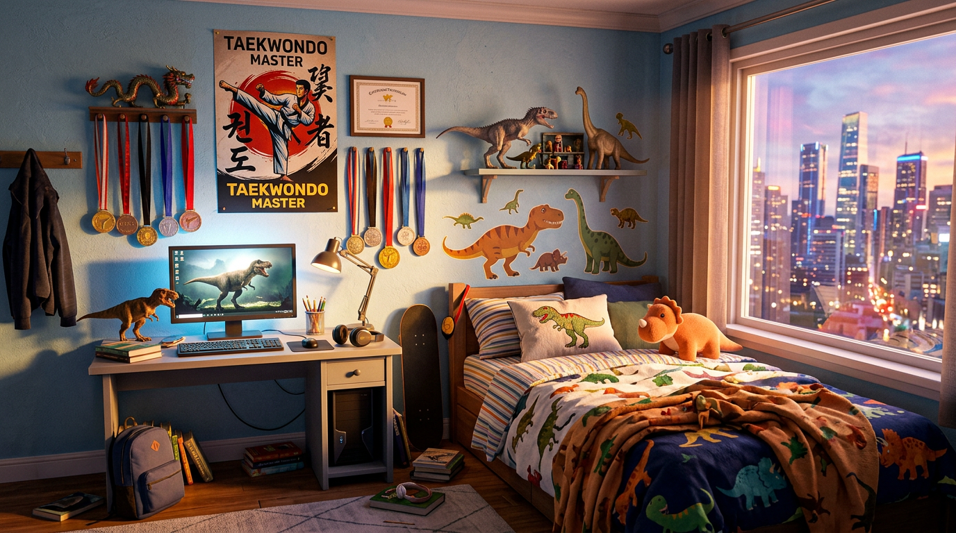 Habitación acogedora con escritorio para videojuegos, medallas deportivas, peluches y una vista panorámica de la ciudad al atardecer.