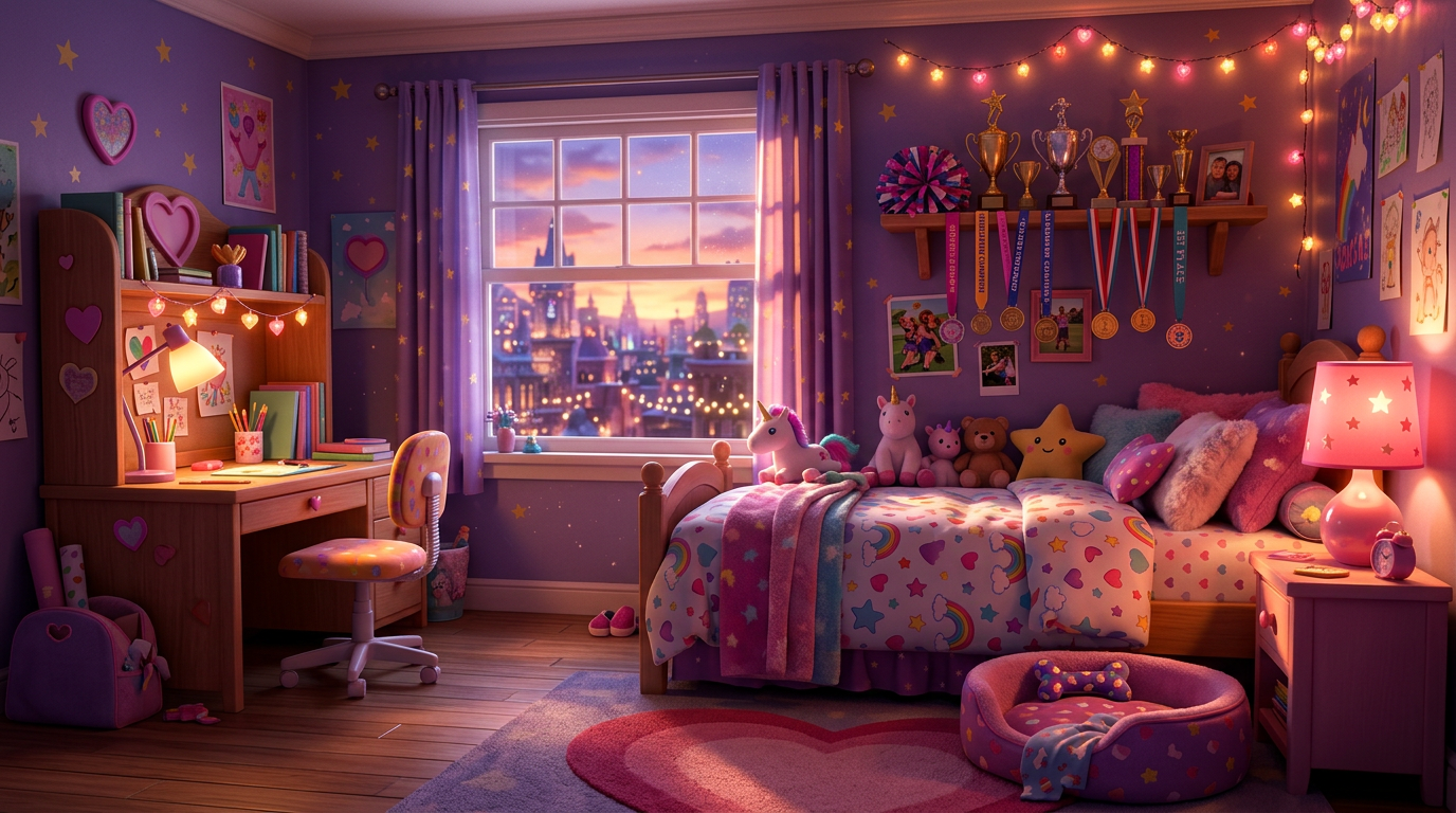 Acogedora habitación morada con cama, escritorio, luces de hadas, peluches y vista a la puesta de sol desde la ventana.