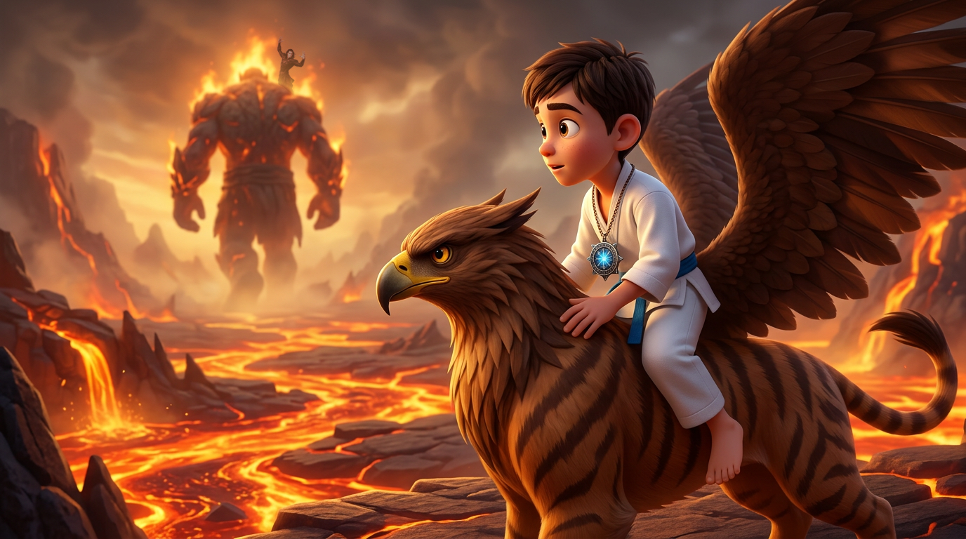 Un niño pequeño cabalga sobre un grifo alado a través de un paisaje de lava ardiente mientras una gigantesca criatura de lava se cierne sobre él.
