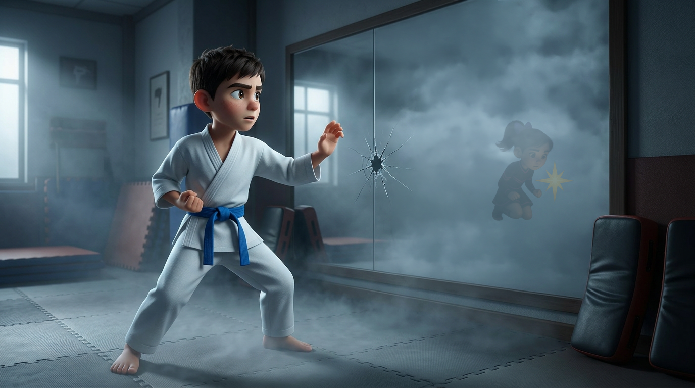 Un niño con un gi blanco practica artes marciales en un dojo lleno de humo, adoptando una postura de combate.