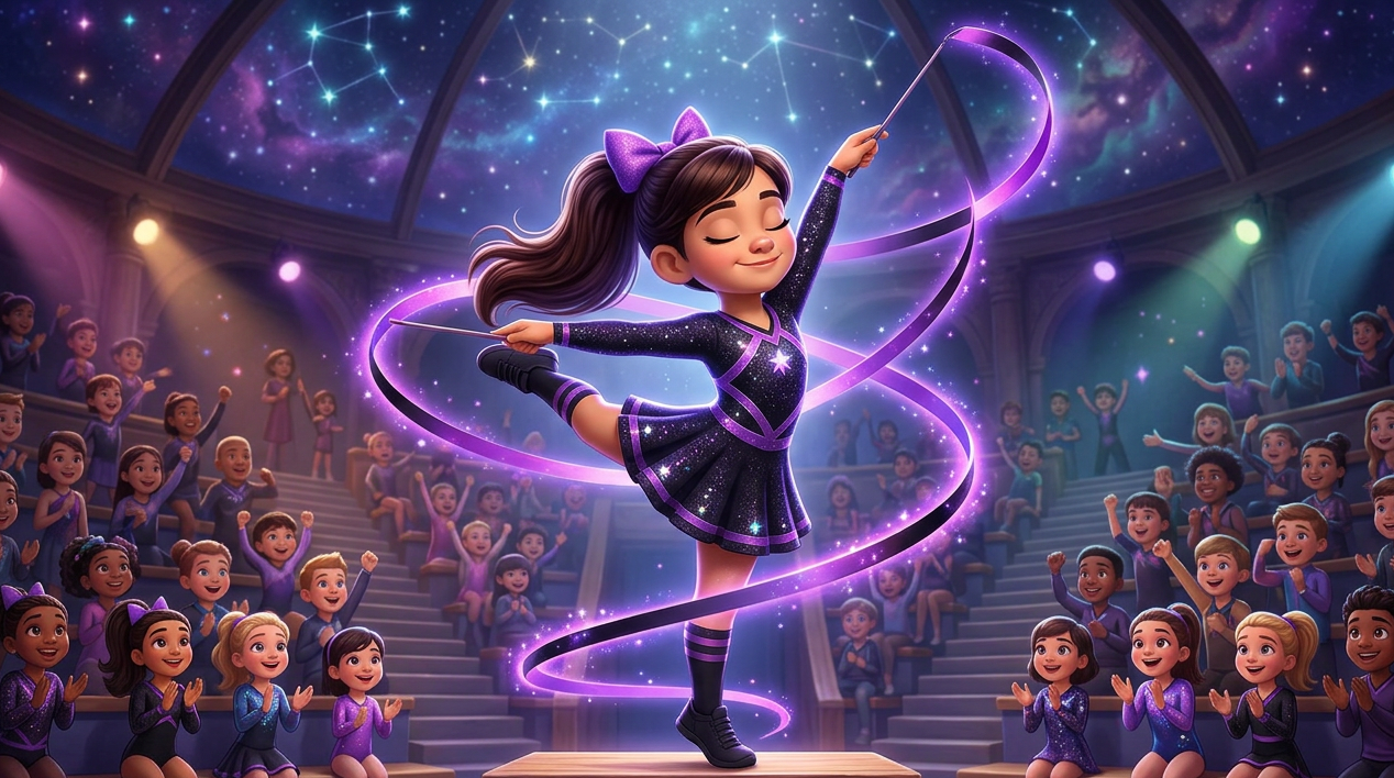 Una bailarina, iluminada por un foco púrpura, realiza espirales entre cintas luminosas sobre un escenario ante un público que la ovaciona.
