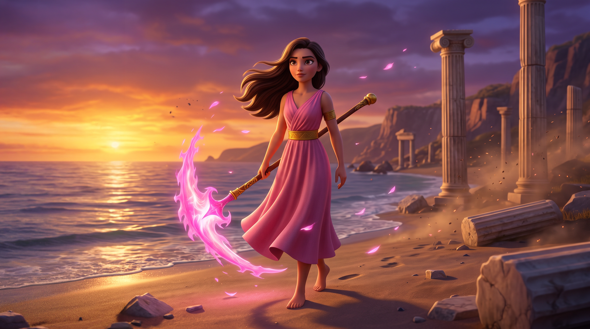 Una joven con un vestido rosa en una playa al atardecer, sosteniendo un arco mágico rosa brillante cerca de unas ruinas antiguas.