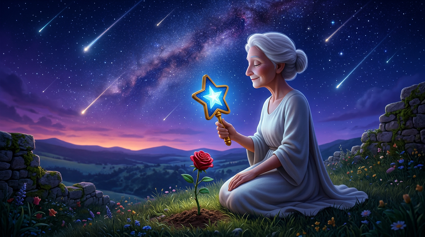 Una mujer se arrodilla en un jardín crepuscular, sosteniendo una varita mágica brillante junto a una rosa roja bajo un cielo estrellado.