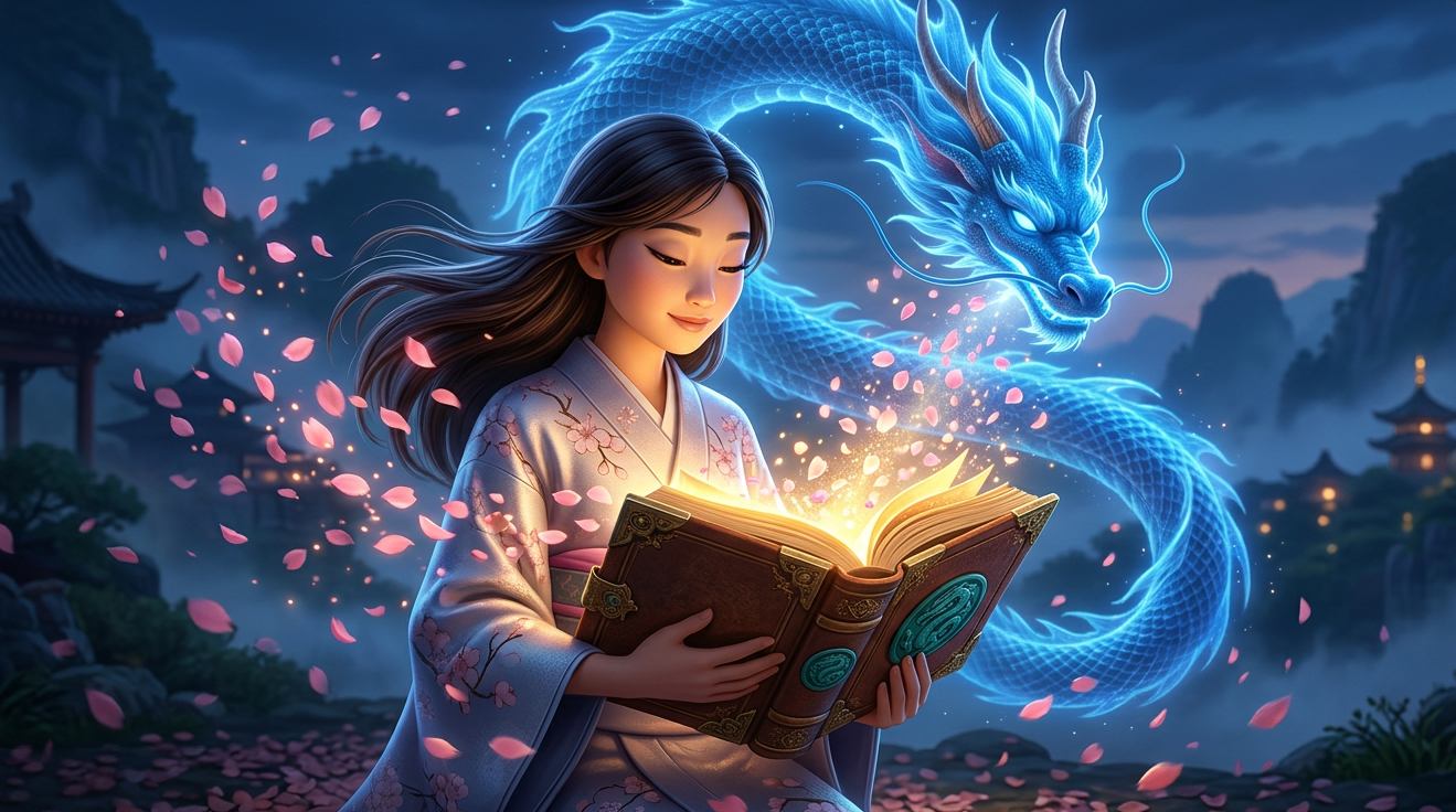Una niña leyendo un libro brillante junto a un dragón azul en un jardín crepuscular, con pétalos rosas flotando շուրջ?