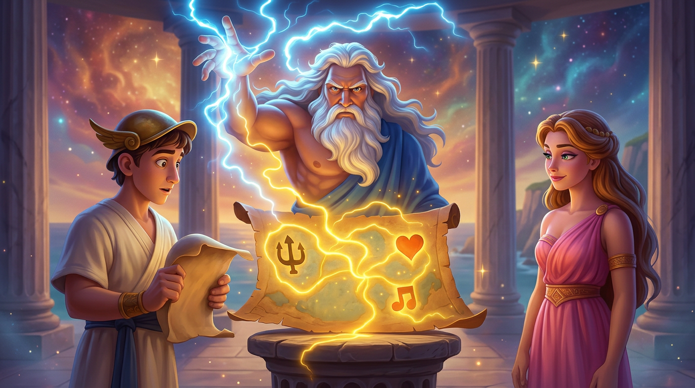 Un antiguo mago conjura runas resplandecientes mientras un niño y una niña observan en un templo mágico.