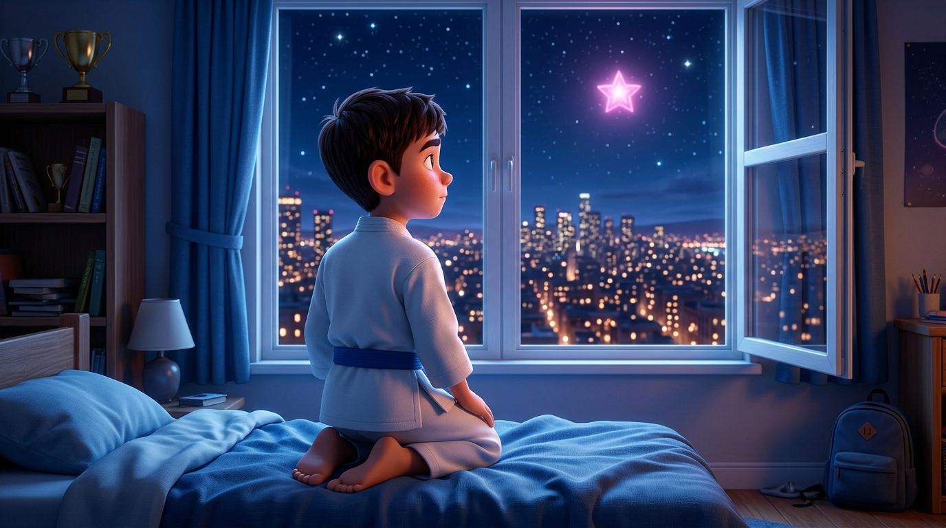 Un niño está arrodillado en una cama, mirando por la ventana de su habitación una estrella brillante sobre la ciudad por la noche.