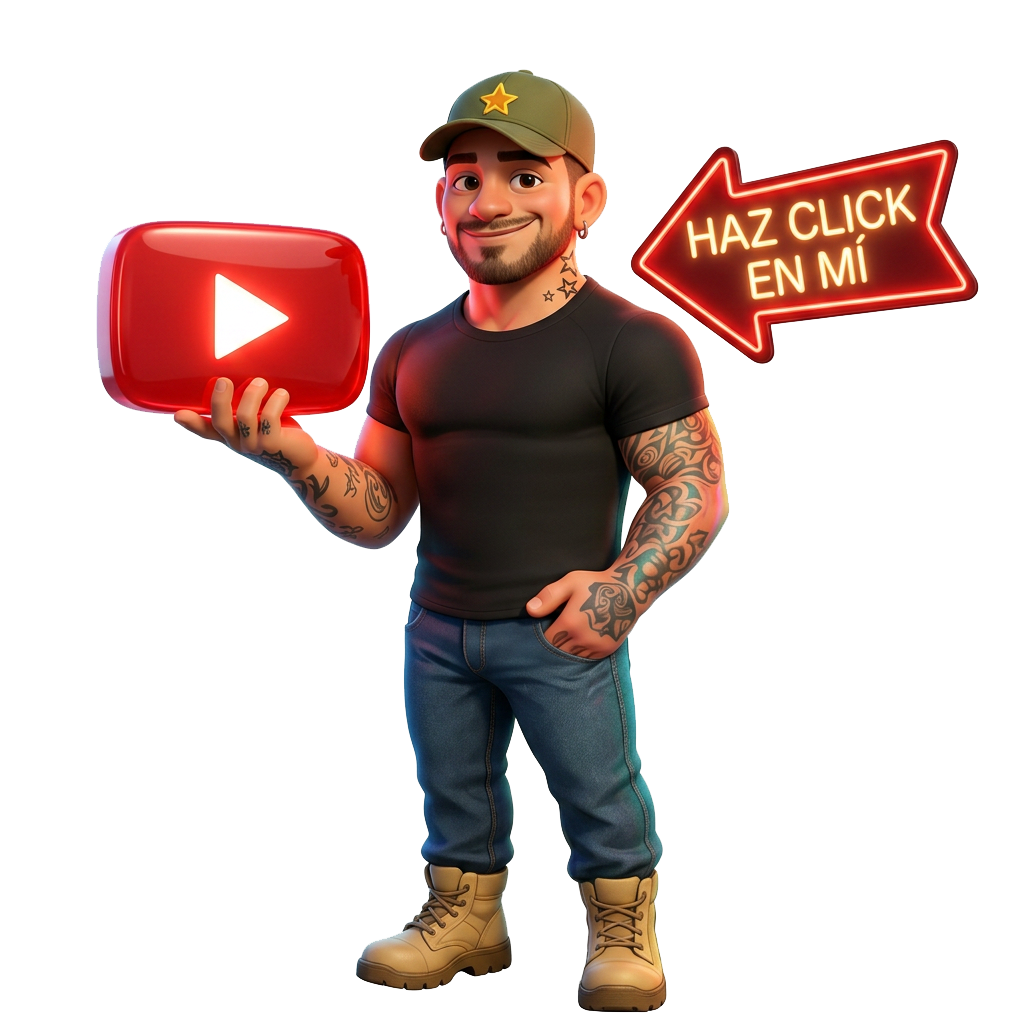 Hombre de dibujos animados con tatuajes sosteniendo un botón rojo de reproducción de YouTube y un cartel que dice