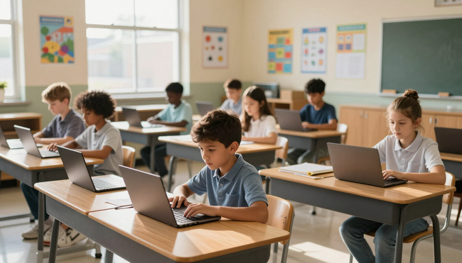Students working on laptops in classroom