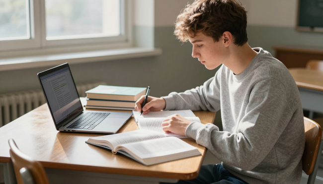 Student studying with textbooks and laptop