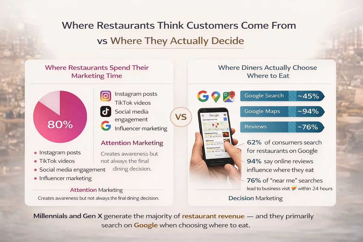 Click to view Restaurant marketing infographic showing social media discovery vs Google Search, Maps, and reviews where diners decide where to eat.