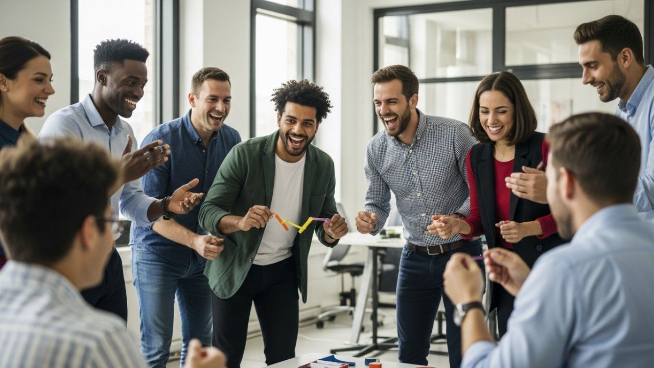 Group of diverse coworkers laughing while playing a game in a bright office.