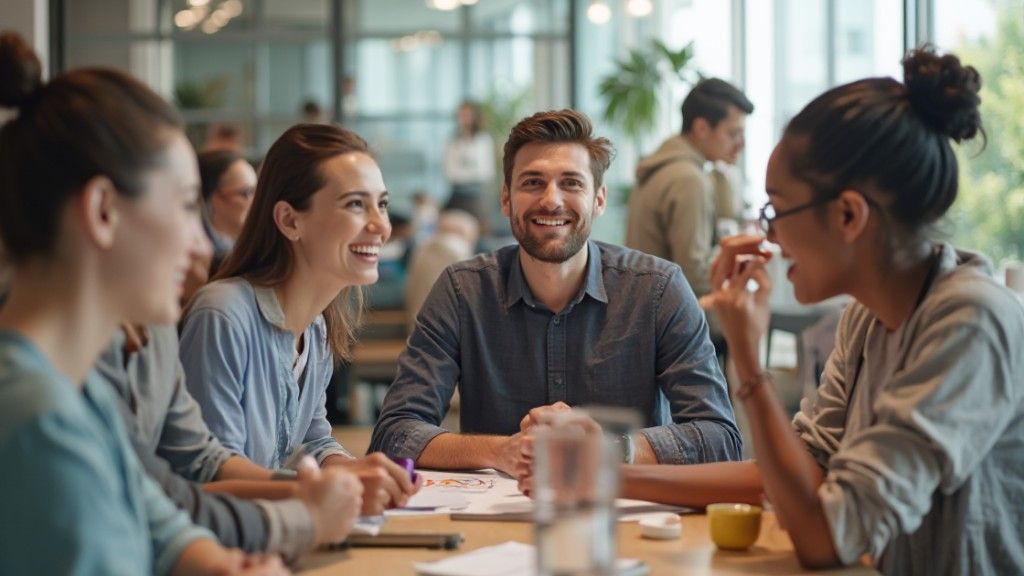 Group of colleagues smiling and talking around a table in a modern office setting.