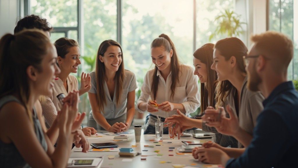 Group of colleagues collaborating around a table, smiling, with papers, pens, and a bright window in the background.