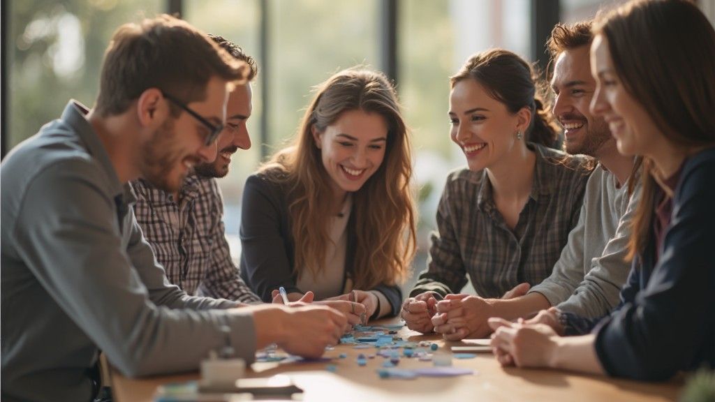 Group of people laughing, gathered around a table. Looking at objects on the table. Sunlight streams in the background.
