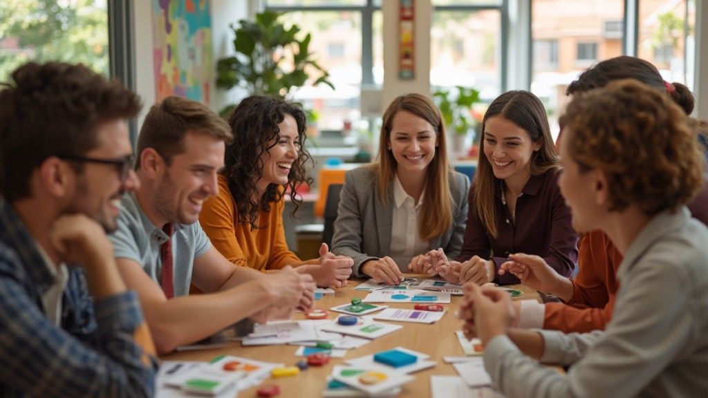 Group of people laughing, sitting around a table with colorful objects in a brightly lit office setting.