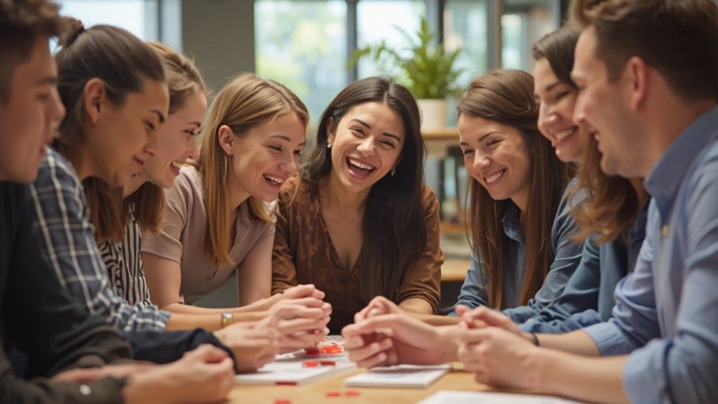 Group of friends laughing around a table. Some are looking at each other, some at a game. Sunlight.