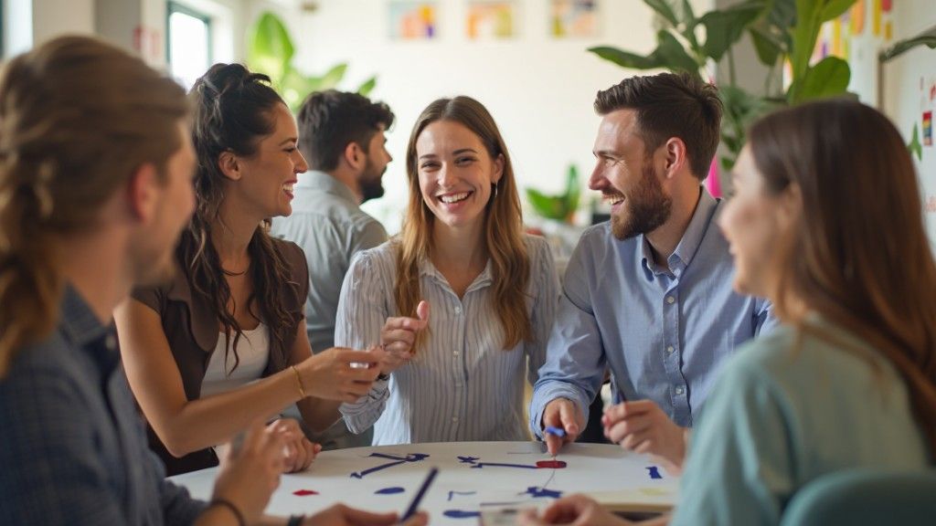 Group of people smiling, collaborating around a white table, office setting, pens and markers present.