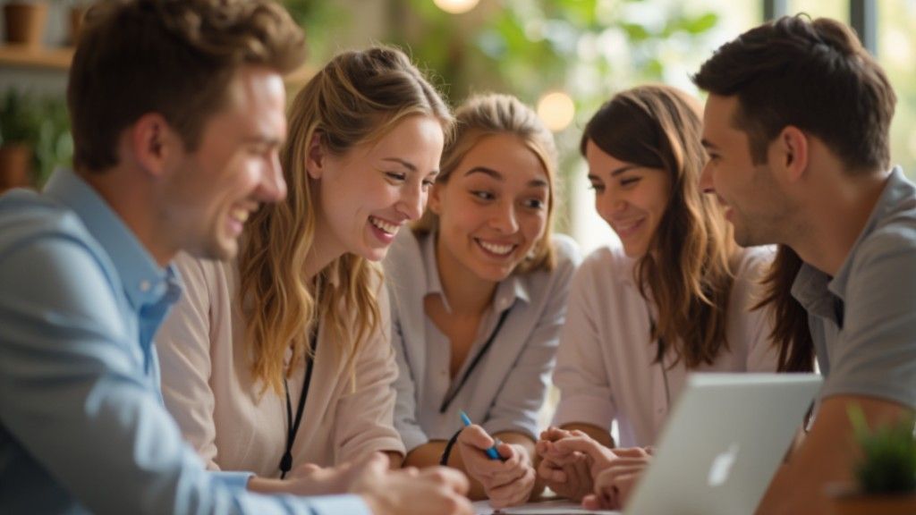 Five people smiling, gathered around a laptop, collaborating in a bright setting.