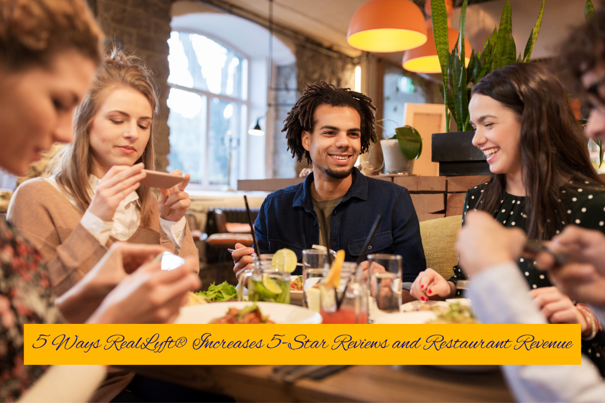 People dining, smiling, at a restaurant table. Food and drinks visible.