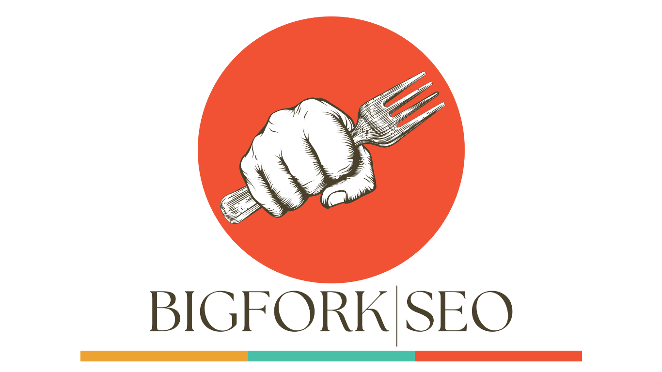Hand clenching a fork inside a red circle, Bigfork SEO logo.