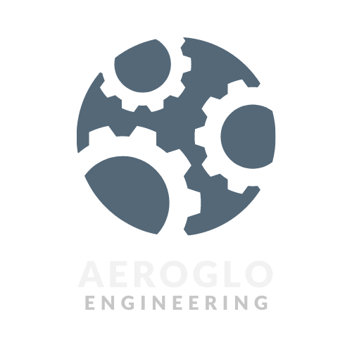 Logo of Aeroglo Engineering: gears inside a circle, gray and white, with company name below.