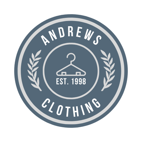Logo for Andrews Clothing: circular design with text and hanger icon.