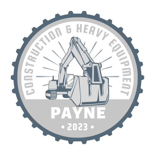 Logo for Payne Construction & Heavy Equipment: excavator illustration in gray, year 2023, circular design.