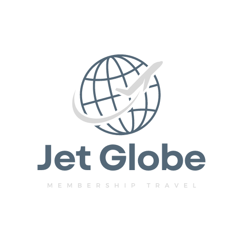 Logo for Jet Globe: Globe with a plane swooping around it. Gray and white.