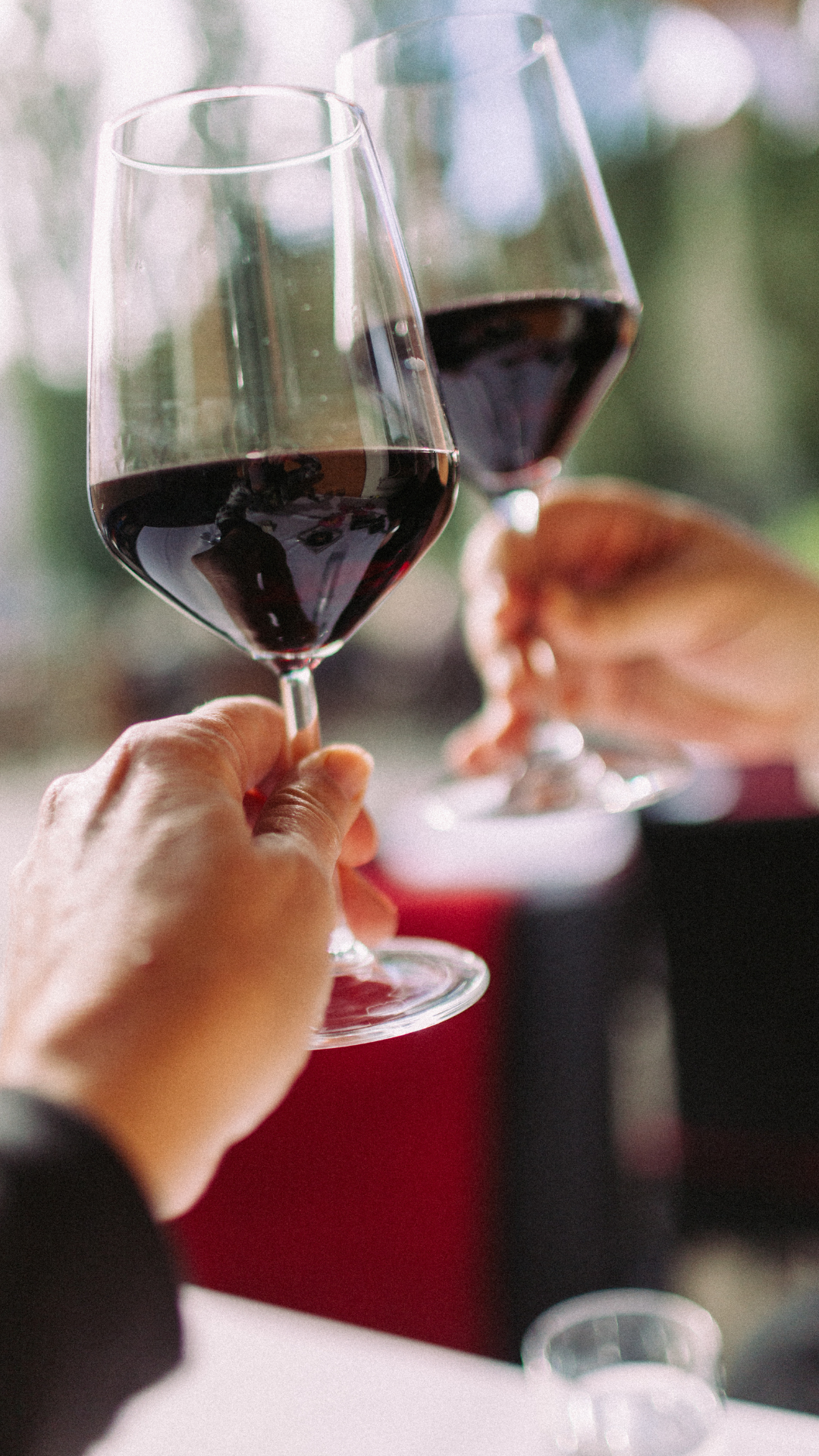 Two hands clinking red wine glasses. Blurred outdoor background, dark red wine.