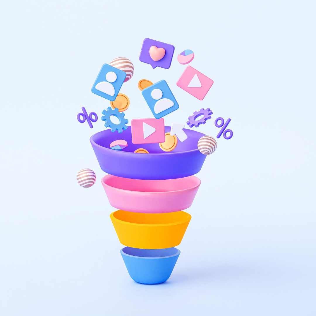 A colorful sales funnel with social media icons and coins falling into it.