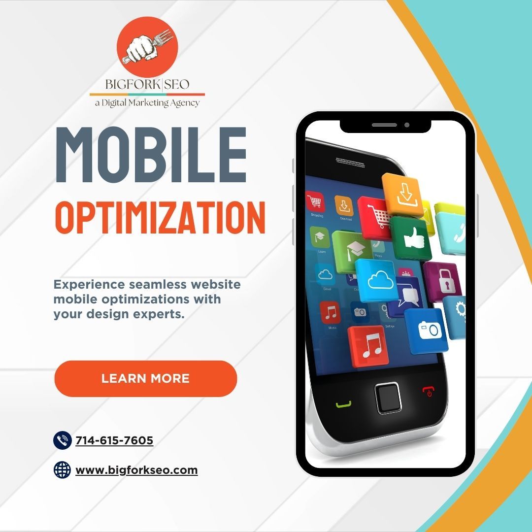 Advertisement for mobile optimization services. Includes a smartphone and orange and teal graphics.