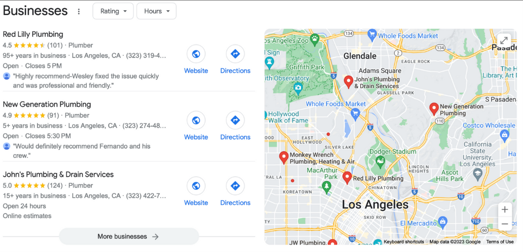 Google Maps search results for businesses in Los Angeles with map display.