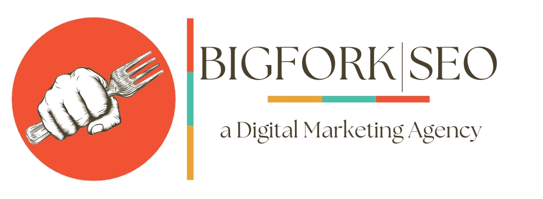 Logo for BigFork SEO: hand gripping a fork in orange circle, company name, tagline.