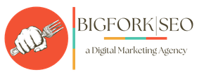 Logo for BigFork SEO: hand gripping a fork in orange circle, company name, tagline.