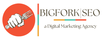 Logo for BigFork SEO: hand gripping a fork in orange circle, company name, tagline.