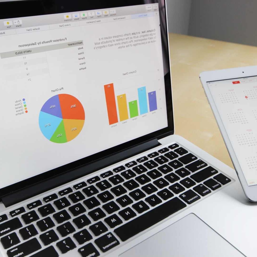 Laptop and tablet displaying data visualizations, including a pie chart and bar graph.