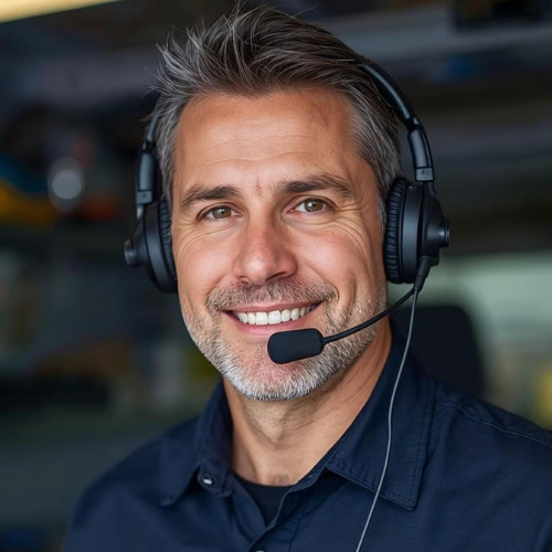 man with smile answering a phone call with headphones and microphone