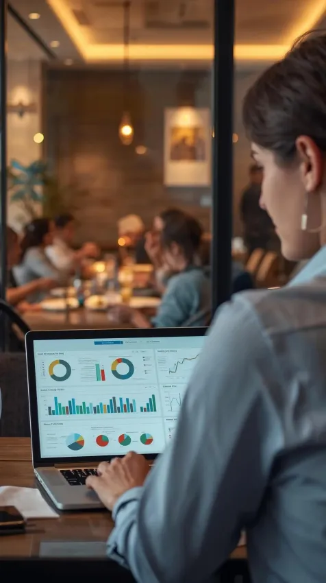 Woman working on laptop, displaying data charts, in a cafe setting with other people blurred in the background.