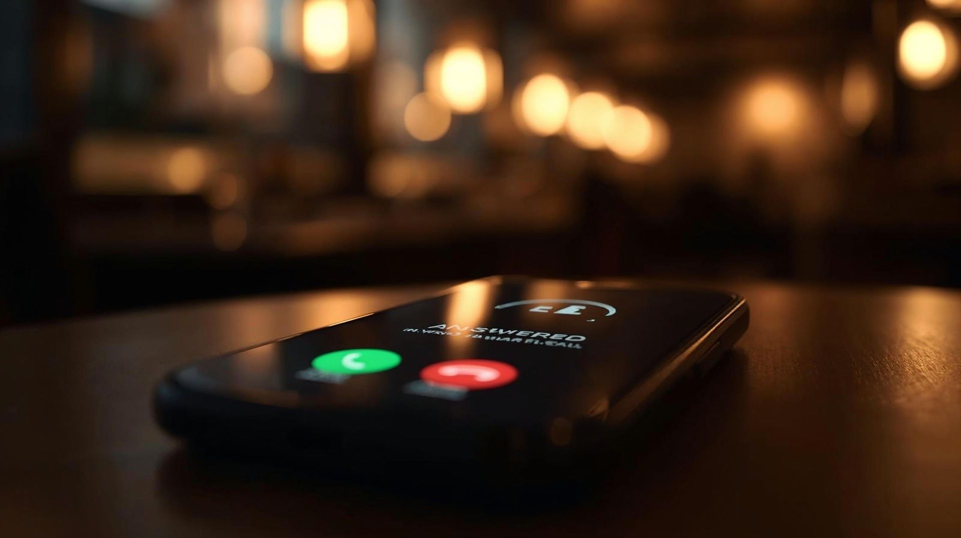 A smartphone on a table with an incoming call displayed; green and red buttons; blurred background lights.